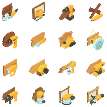 Joinery icons set. Isometric set of 16 joinery vector icons for web isolated on white background