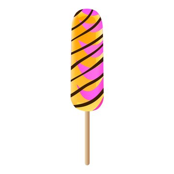 Orange pink striped popsicle icon. Cartoon of orange pink striped popsicle vector icon for web design isolated on white background