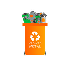 Orange container for full metal waste. Recycling symbol.