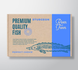 Premium Quality Fish Realistic Cardboard Box. Abstract Vector Packaging Design or Label. Modern Typography, Hand Drawn Sturgeon Silhouette. Craft Paper Background Layout.
