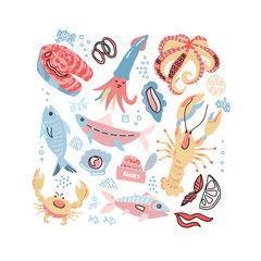 Sea Food Hand Drawn Doodle illusration in scandinavian style with Fish, Crab, lobster, caviar, salmon steak and Oyster. Vector marine inhabitants collection in rough simple colors childish style