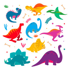 Funny cartoon dinosaurs collection. Jurassic period dinosaur vector set in hand drawn cartoon style. 