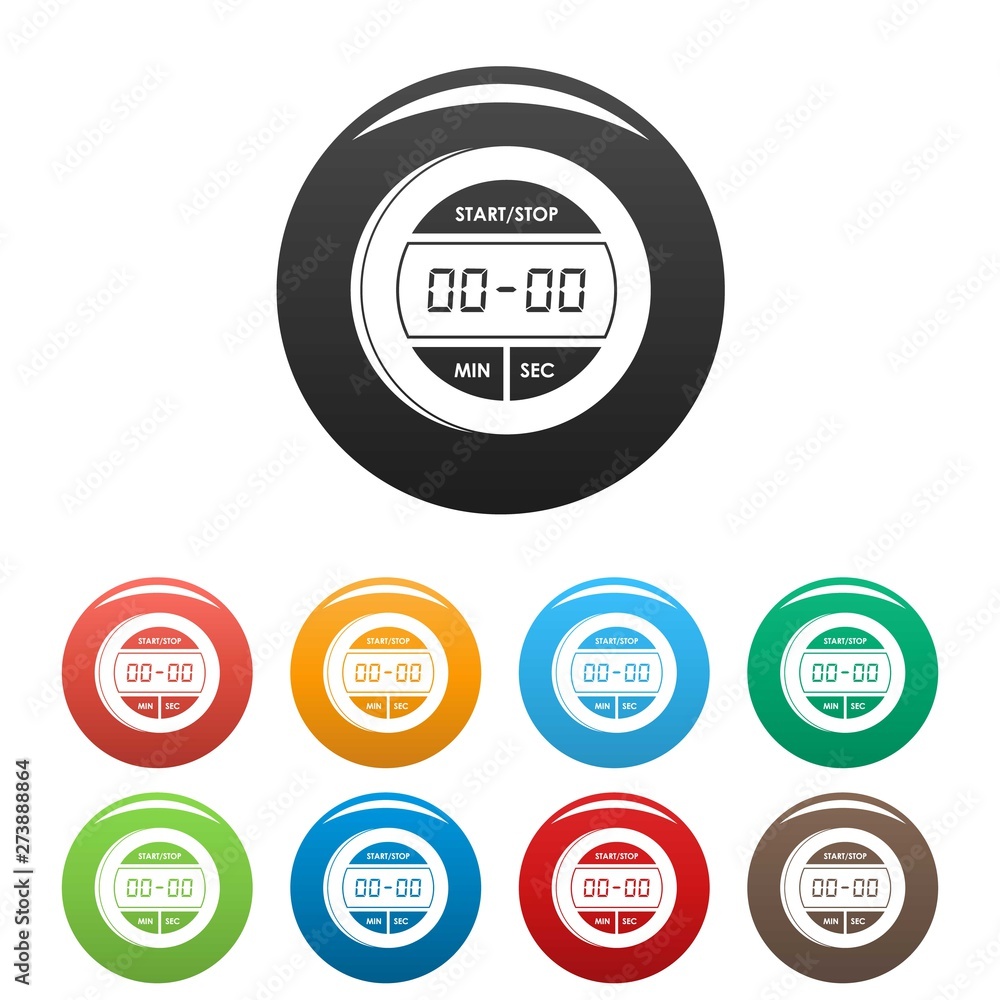 Poster digital stopwatch icons set 9 color vector isolated on white for any design