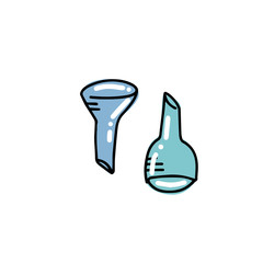 Two funnels icon illustration. Chemical equipment in flat color outlined hand drawn childish doodle style. Color scribble print concept on white background. Kid chemistry and science