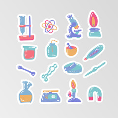 Set of stickers for kid chemistry experiment. Laboratory test tubes vector sketch concept education and science illustration in cartoon style. Elements, tools. Reactions research medical stuff