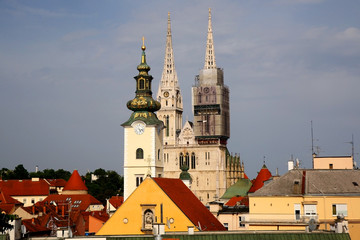 Panoramic view of Zagreb, Croatia with landmark Cathedral of the Assumption of the Blessed Virgin Mary and St. Mary Church. 
