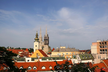 Obraz premium Panoramic view of Zagreb, Croatia with landmark Cathedral of the Assumption of the Blessed Virgin Mary and St. Mary Church. 