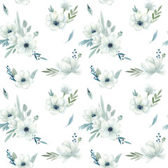 Obraz premium Seamless Pattern. Hand drawn watercolor Poppy flowered anemone. Hand drawn illustration.