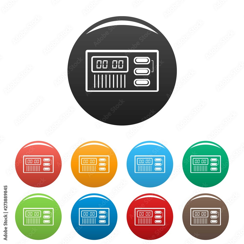 Poster retro digital clock icons set 9 color vector isolated on white for any design