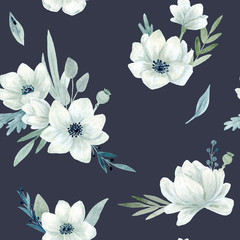 Seamless Pattern. Hand drawn watercolor Poppy flowered anemone. Hand drawn illustration.