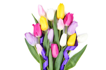 Bouquet of tulip flowers with ribbon on white background