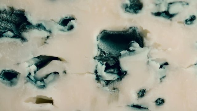Macro shot of blue cheese. Texture, mould, extreme close up. Slow pan.