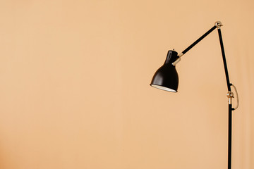 Trendy adjustable floor lamp of black color placed against beige wall in modern flat