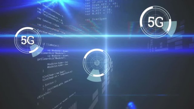 5G written in the middle of a futuristic circles and program codes with bars