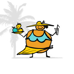 Big woman with food and drink on the beach, sketch for your design