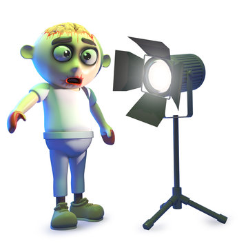 Funny cartoon undead zombie monster with studio light, 3d illustration