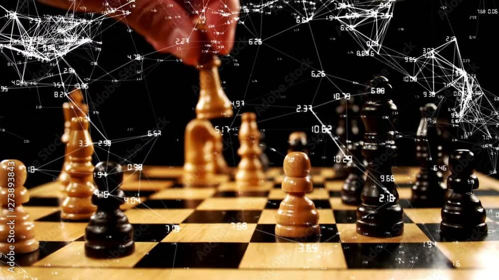 Poster man playing chess and asymmetrical lines