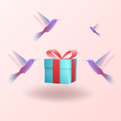 Gift box with beautiful birds on pink background. Vector illustration.