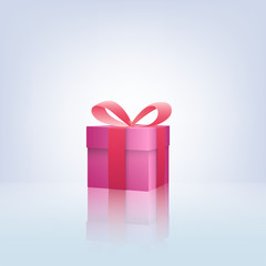 Decorative pink gift box with violet bow and ribbon isolated on white background. With reflection. Vector illustration