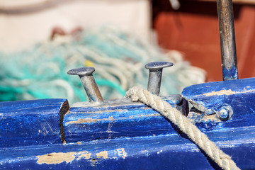 Ropes on Old Rusty Ship Closeup. Old Frayed Boat Rope as a Nautical Background. Naval Ropes on a Pier. Vintage Nautical Knots. Big Marine Sea Ship Ropes