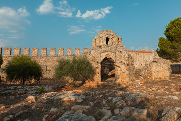 Panorama ancient Greco Roman city. Ruins of an ancient fortress, Alanya, Turkey. Ruined ancient...
