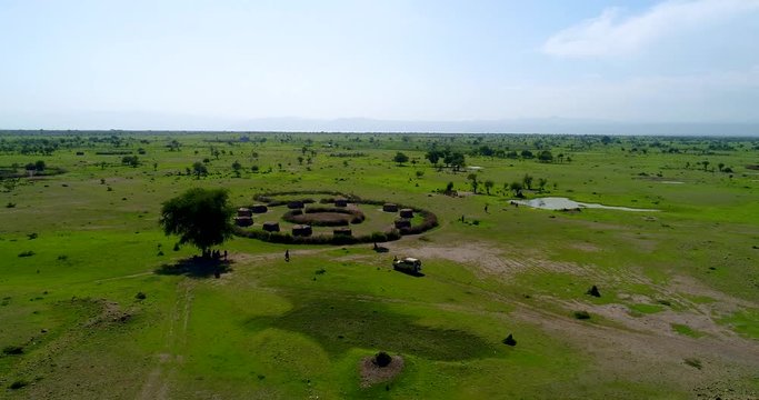Aerial. Traditional Masai village near Arusha, Tanzania. 
