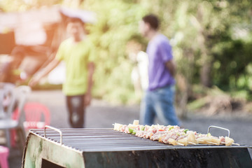  Friends making barbecue and having dinner at the nature background.