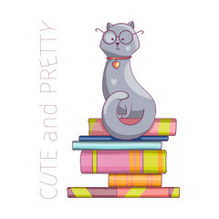 Smart cat with glasses on a stack of books. The kitten is learning. Hand-drawn illustration. Doodle cartoon vector.