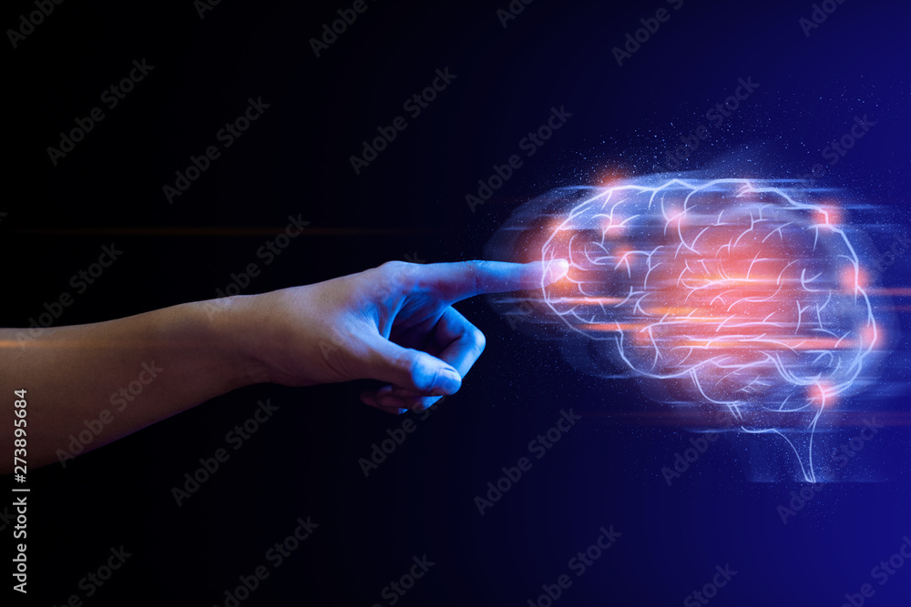 Poster touch on system hologram ai cell brain, system of social network data, finger push on global futuris
