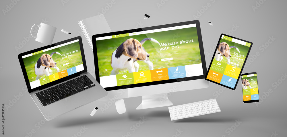 Poster office stuff and devices floating with pet website