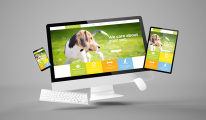 computer, tablet and smartphone gravity showing pet care responsive website
