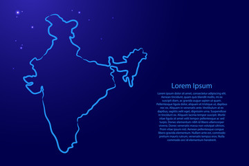 India map from the contour blue brush lines and glowing stars on dark background. Vector illustration.