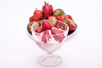 ice cream and fresh ripe strawberries  isolated on white background
