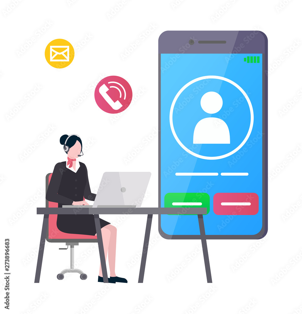 Poster woman using laptop on work vector, person sitting by table with computer wearing headset, big smartp