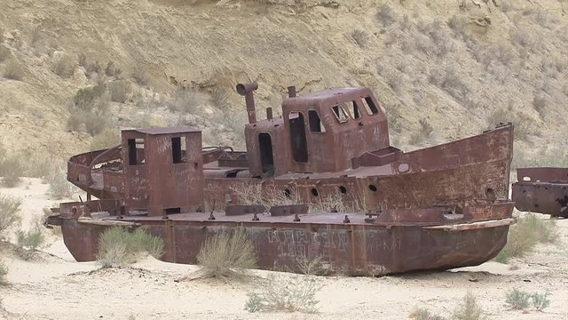 Uzbekistan The bottom of the retreating Aral Sea. Cemetery ships.
