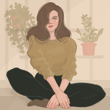  illustration of a beautiful girl in a green sweater sitting on the floor on a background of flowers in pots