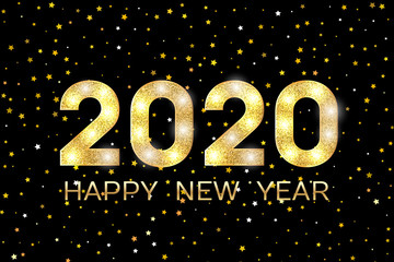 2020 Happy New Year. Golden numbers and stars on dark background. New Year 2020 greeting card.