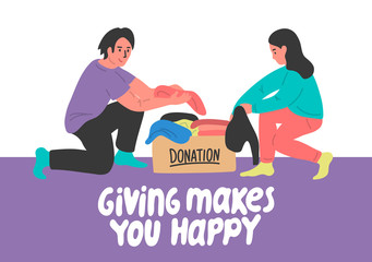 Giving makes you happy. Young woman and man putting clothes to donation boxes. 