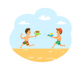 People having fun in summer vector, vacations of kid on beach. Children playing with guns loaded with water, summertime holidays and game of child