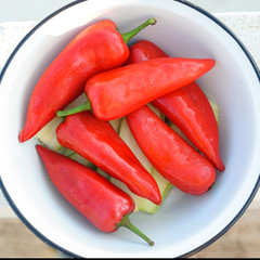 Red sweet pepper lies in a bowl