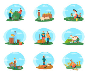 People farming and gardening vector, milkmaid with cow, male with wheat on field and couple of gardeners cutting bushes of flowers, sheep and hens