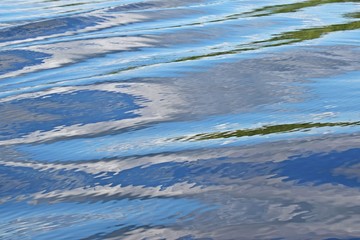 Waves on water.Reflection in the river of blue sky and white clouds.