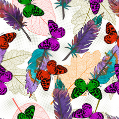 Beautiful seamless pattern with leaf, feather and butterfly. Vector illustration. EPS 10. 