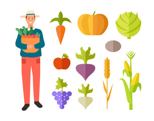 Farmer holding basket of veggies vector, isolated person with carrots and pumpkin, cabbage and grapes, tomato and wheat crop, radish and beetroot
