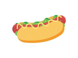 Hot dog food vector, isolated snack made of sausage and vegetables, veggies and bun, junk dish flat style, grilled banger, unhealthy meal cooked lunch