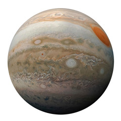 Full disk of planet Jupiter globe from space isolated on white background. View of Jupiter's Great Red Spot and turbulent southern hemisphere. Elements of this image furnished by NASA. - obrazy, fototapety, plakaty
