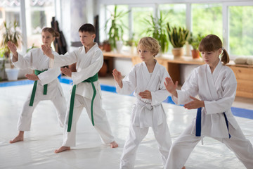 Boys and girls repeating after trainer studying aikido movements