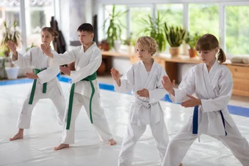 Fotobehang Boys and girls repeating after trainer studying aikido movements © zinkevych