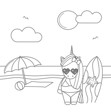 cute cool cartoon unicorn surfer on the beach funny black and white summer vector illustration for coloring art
