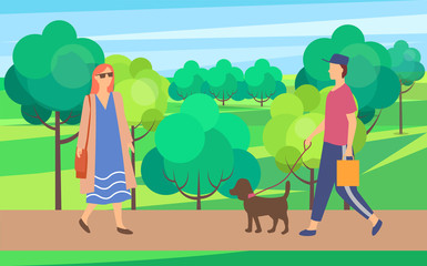 Obraz na płótnie Canvas Woman and man with dog on walk in city park. Vector female in sunglasses having fun outdoors. Person wearing casual clothes and cap with domestic animal